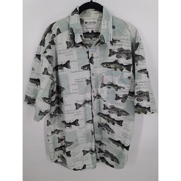 Columbia Men's Green & Gray Fish Print Button Down Short Sleeve Shirt Size L - Picture 1 of 4